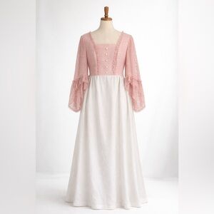 Vintage 1970s Prairie Maxi Dress Pink Lace Cottagecore Empire Waist